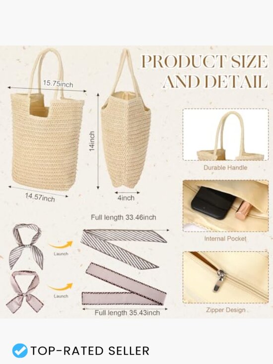 Wide Brim Straw Sun Hat, Woven Tote Bag, 2 Bohemian Scarves Set for Summer
